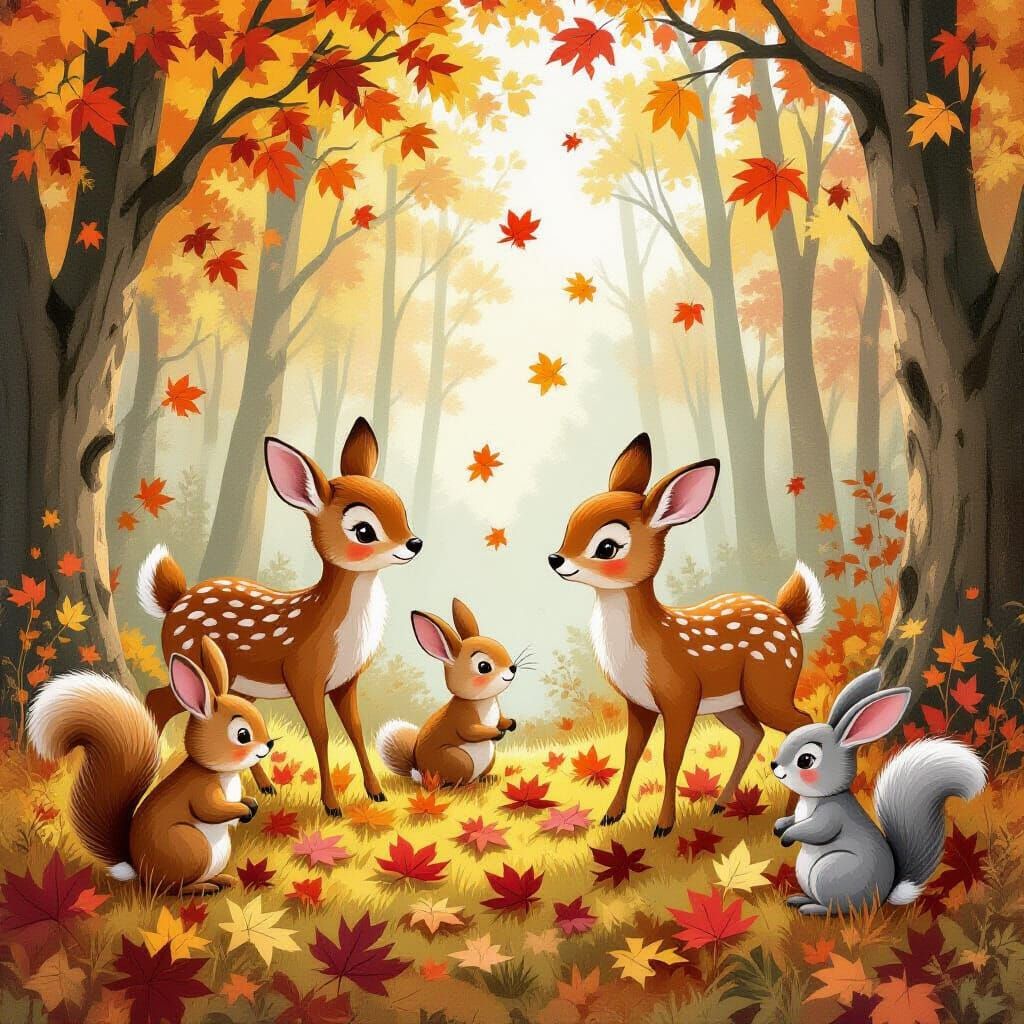 Autumn Forest Animals Play in Leaves, Whimsical Art