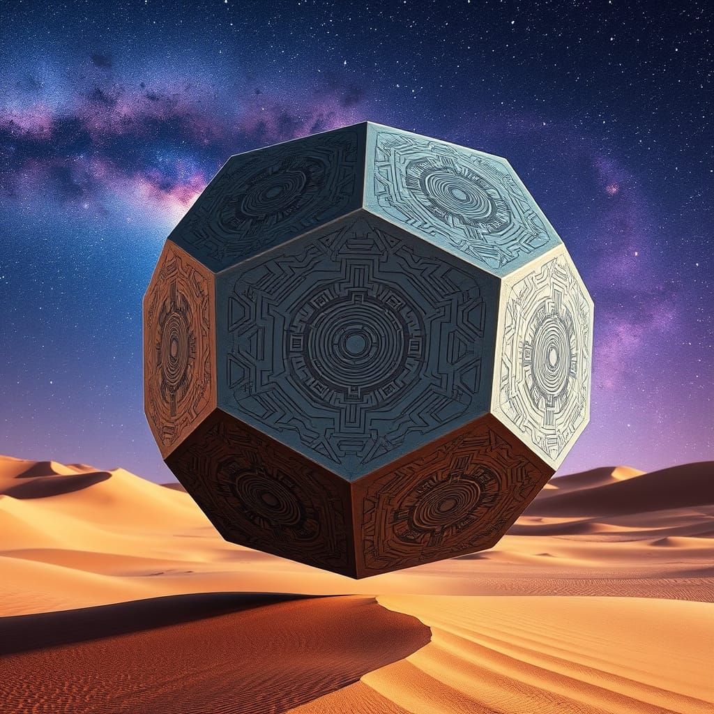 Futuristic Dodecahedron Hovers in Desert Cosmos