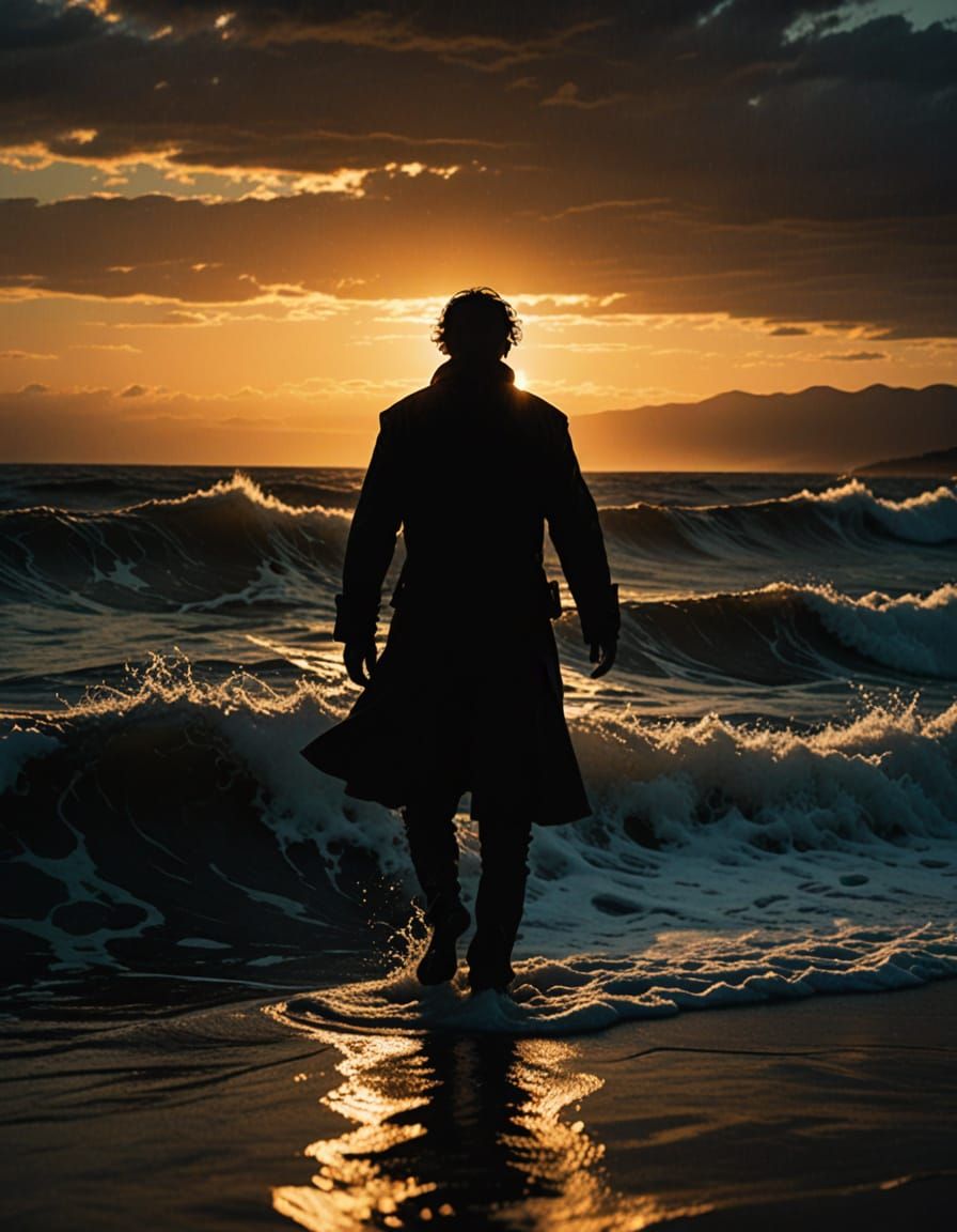 Dark Silhouette Walks on Ocean at Sunset in Dramatic Style
