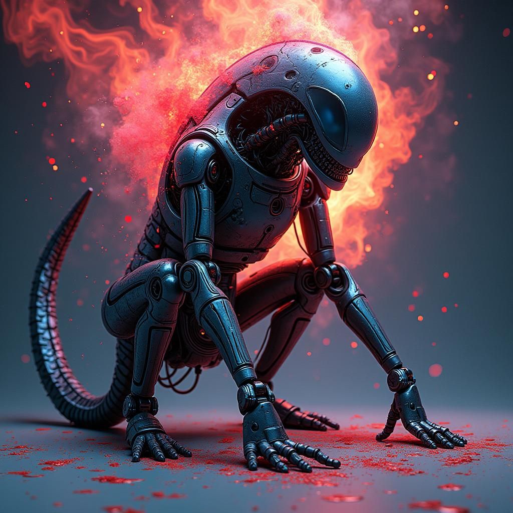 Neon AI Robot Painter in Biomechanical Style