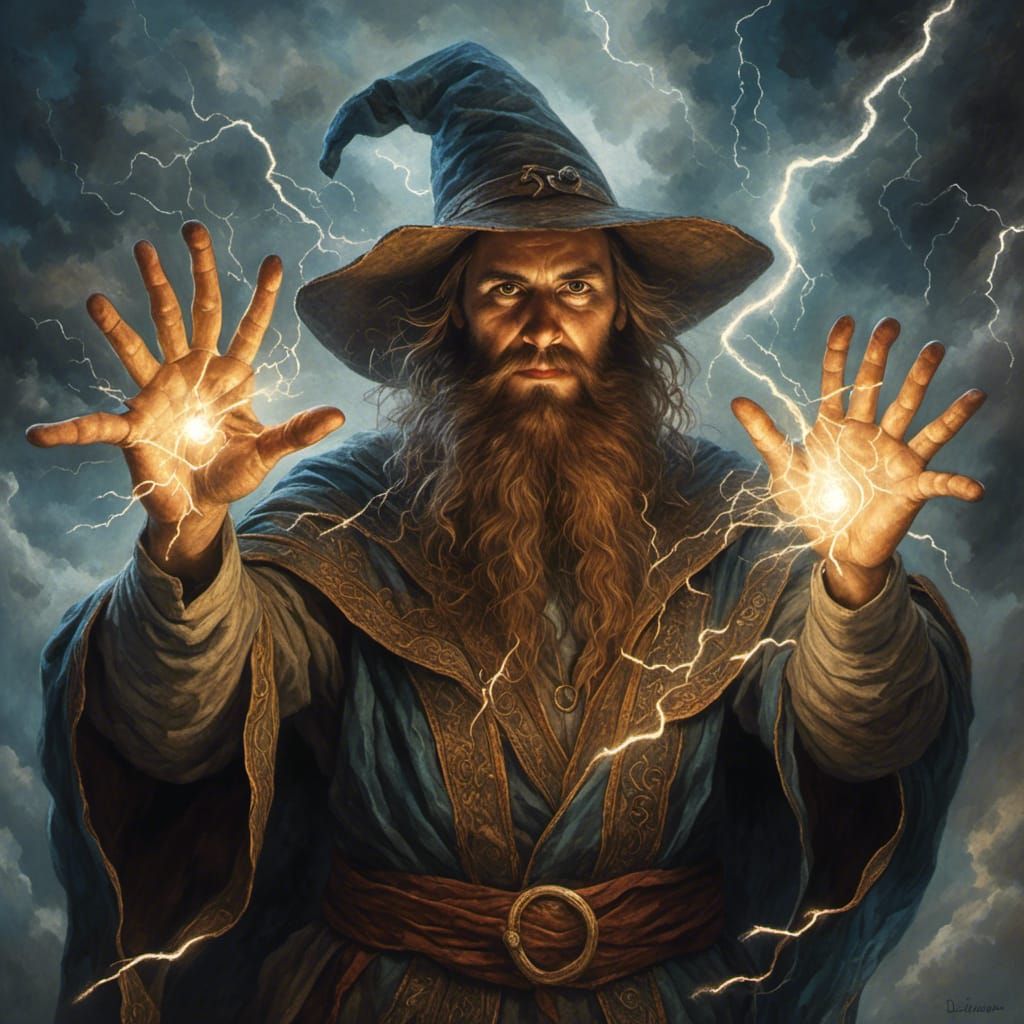 Sorcerer Conjuring Lightning Spell with Hands