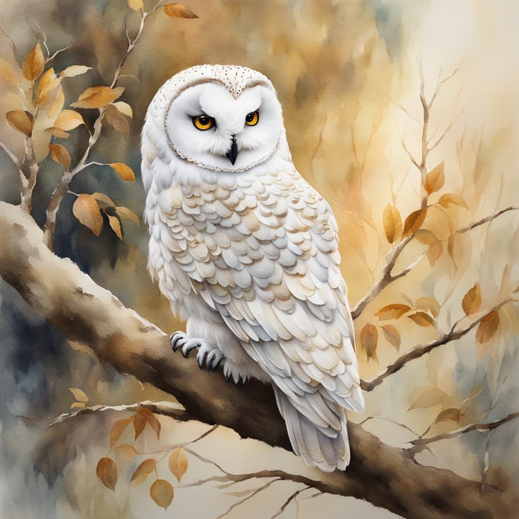 White Owl Portrait in Watercolour Painting Style