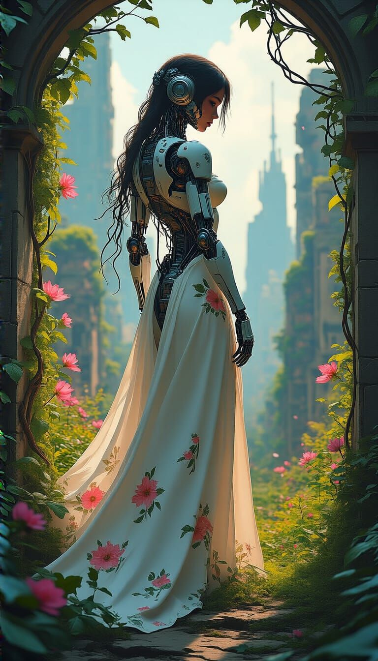Cyborg in Cyberpunk Garden, Art Nouveau Style