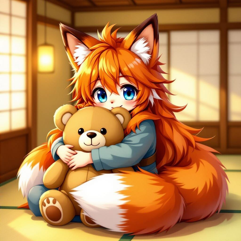 Cute Anime Fox Boy Hugging Teddy Bear