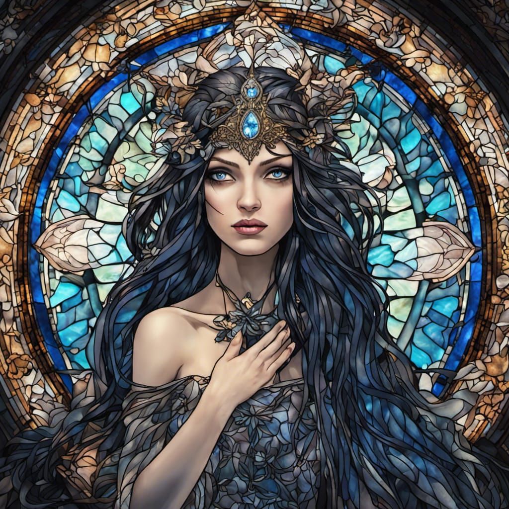 Sinister Dark Fairy Goddess in Stained Glass Style
