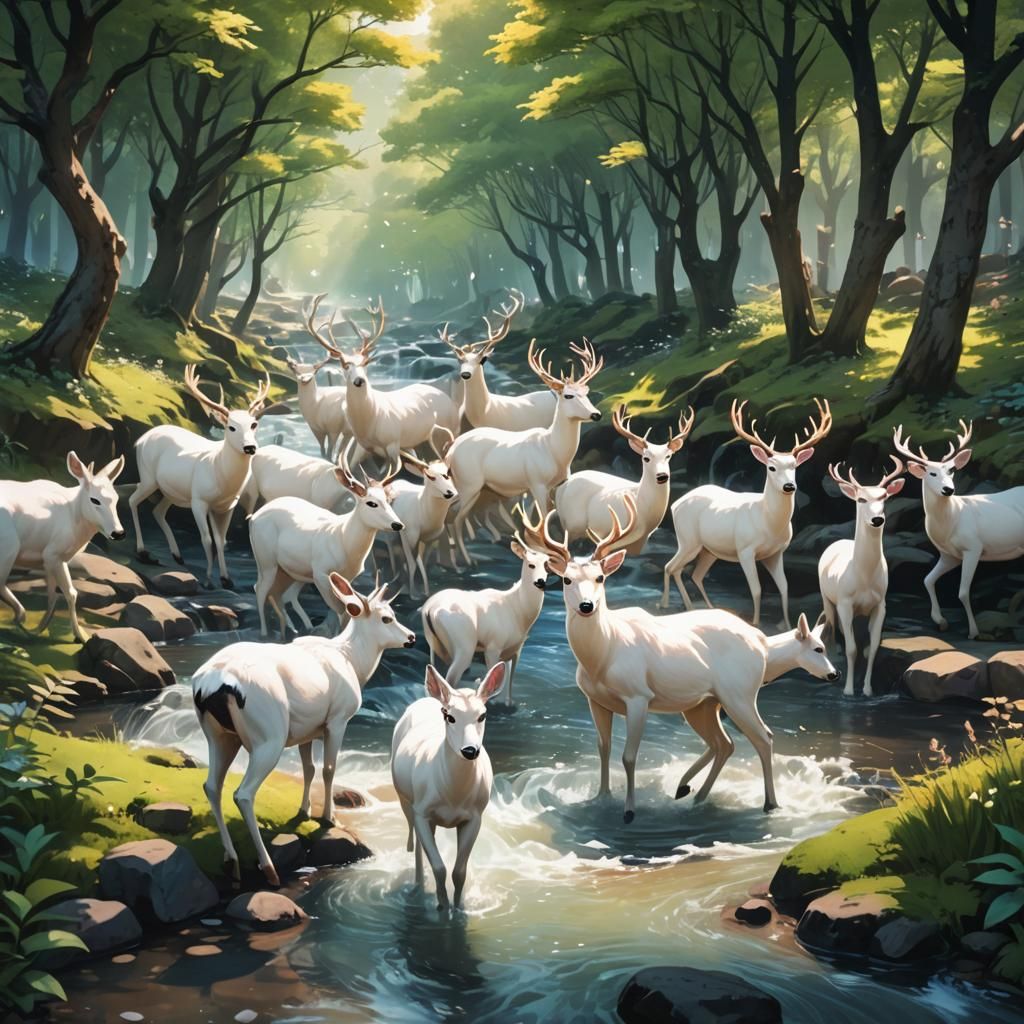 White Deer Herd in Anime Style 3D Art