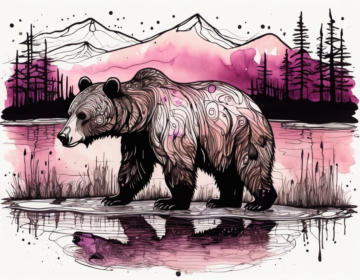 Whimsical Grizzly Bear Doodle in Surrealist Style