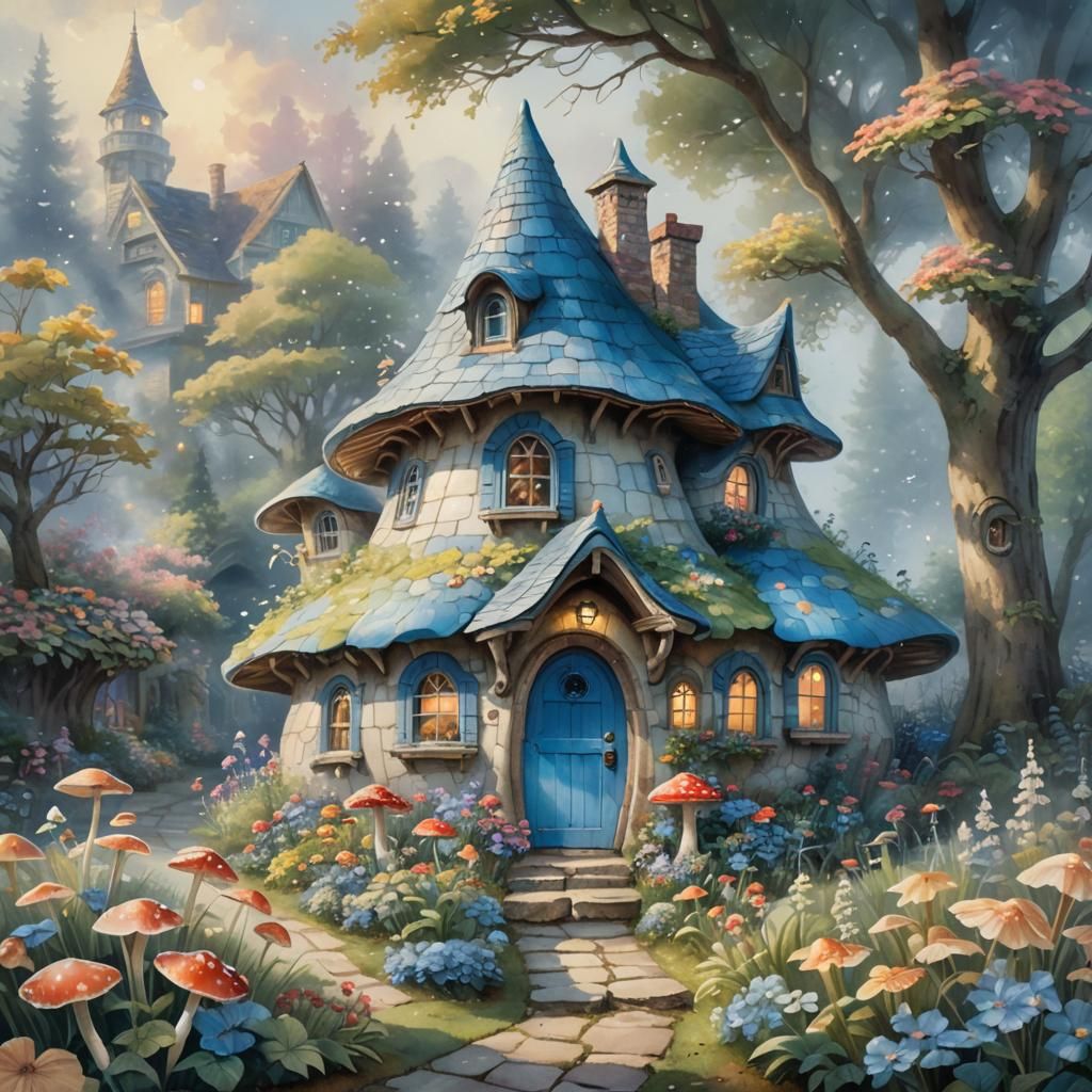 Whimsical Mushroom House in Fantasy Watercolor Landscape