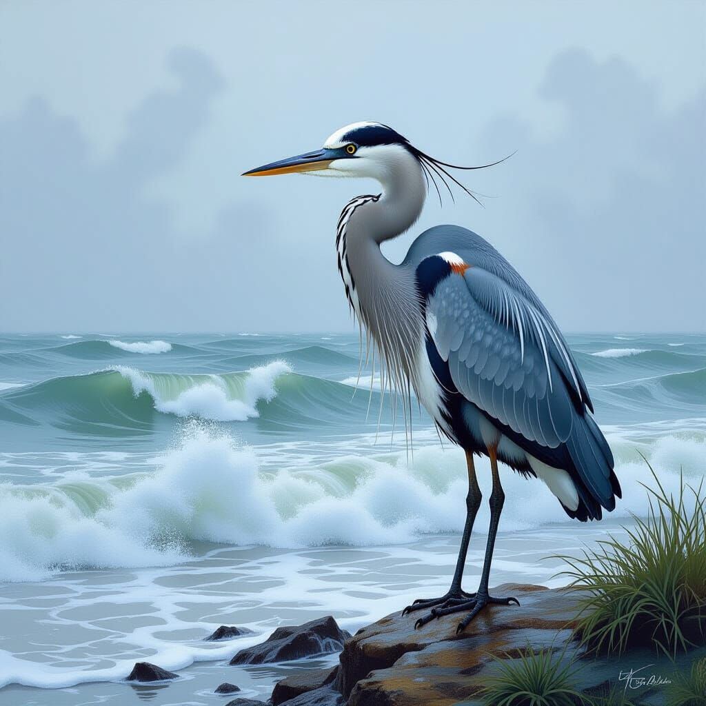 Heron at Stormy Ocean's Edge in Naturalist Style