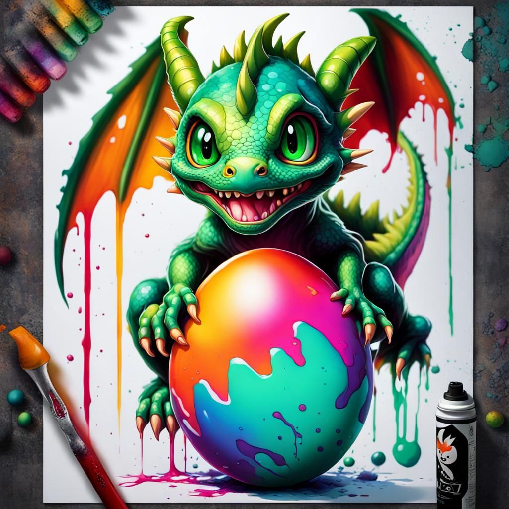 Baby Dragon Hatching in Graffiti Art Style