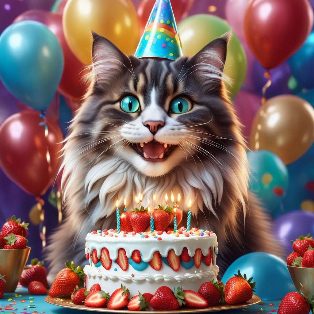 Happy Cat Celebrates Birthday with Cake
