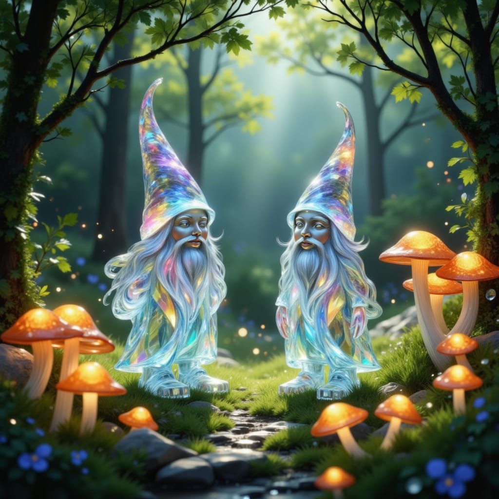 Luminous Crystal Gnomes in a Magical Forest Clearing