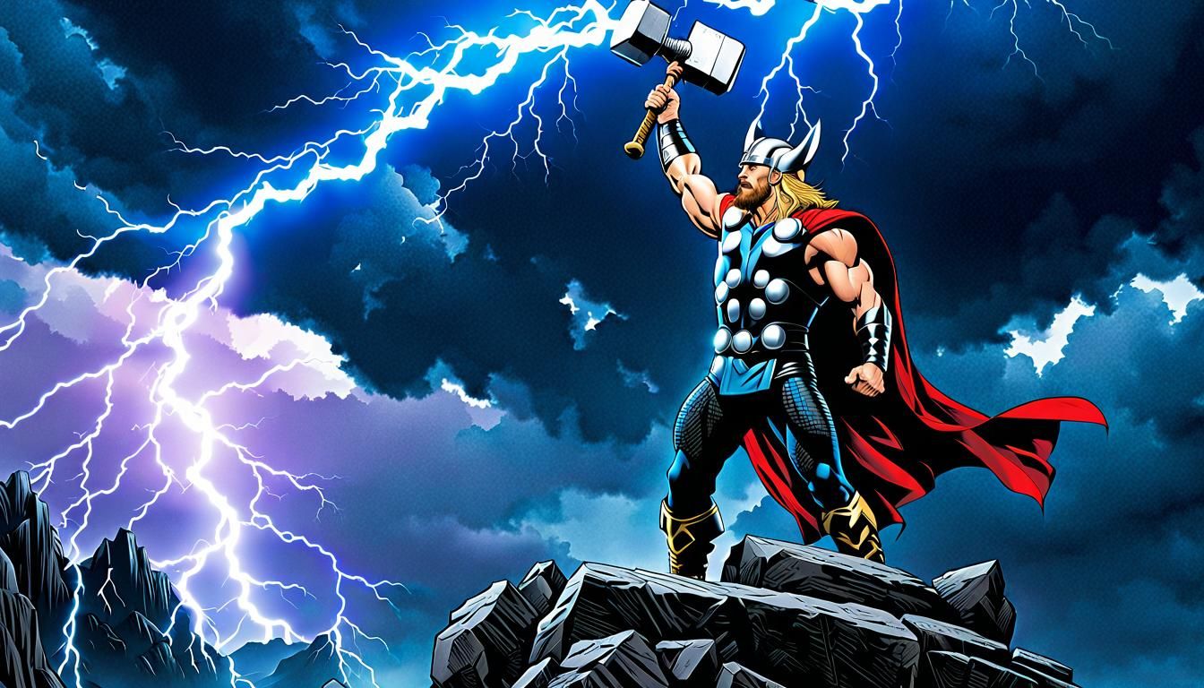 Thor Raises Mjolnir on Asgard in Hyperrealism