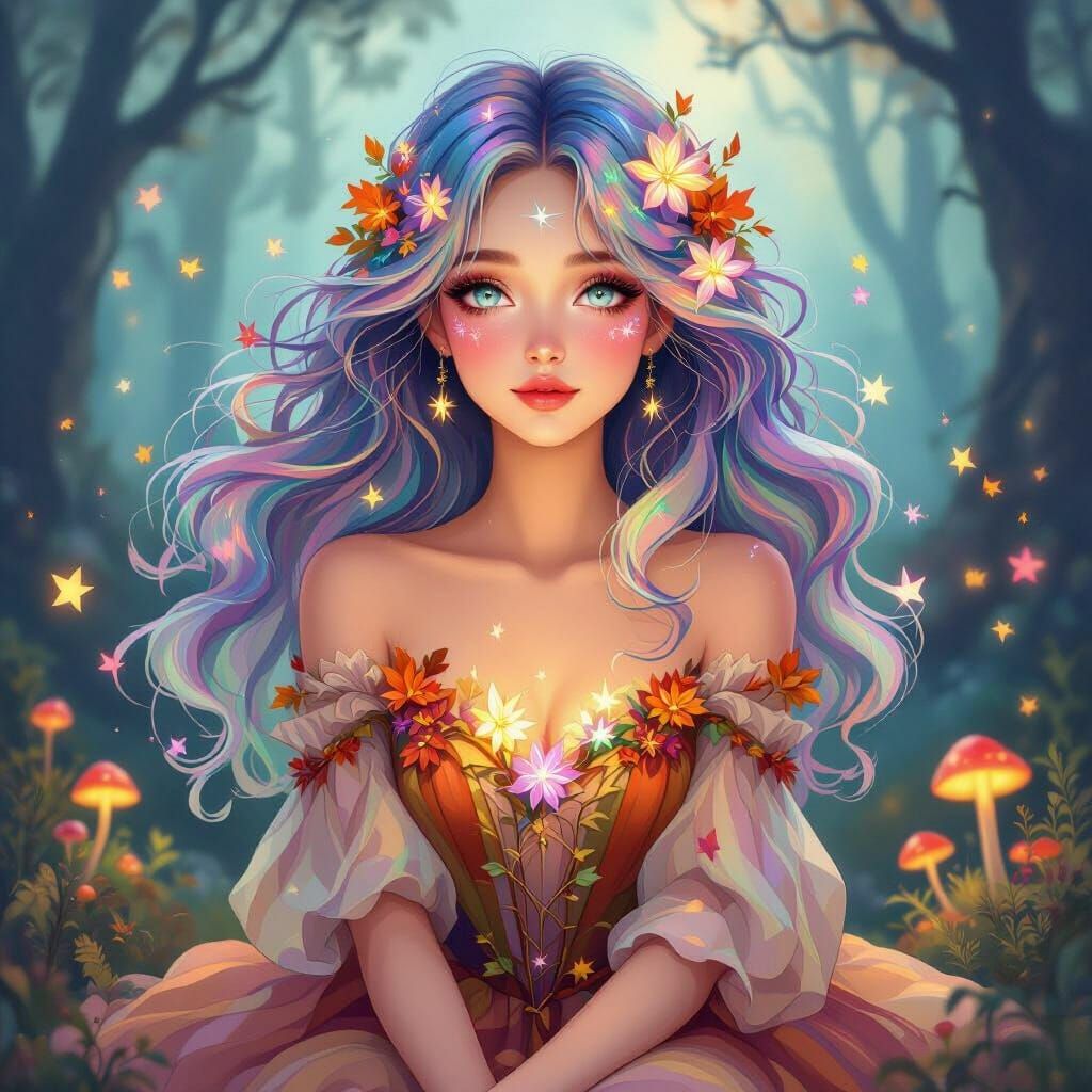 Whimsical Autumn Woman with Iridescent Hair in Enchanted For...