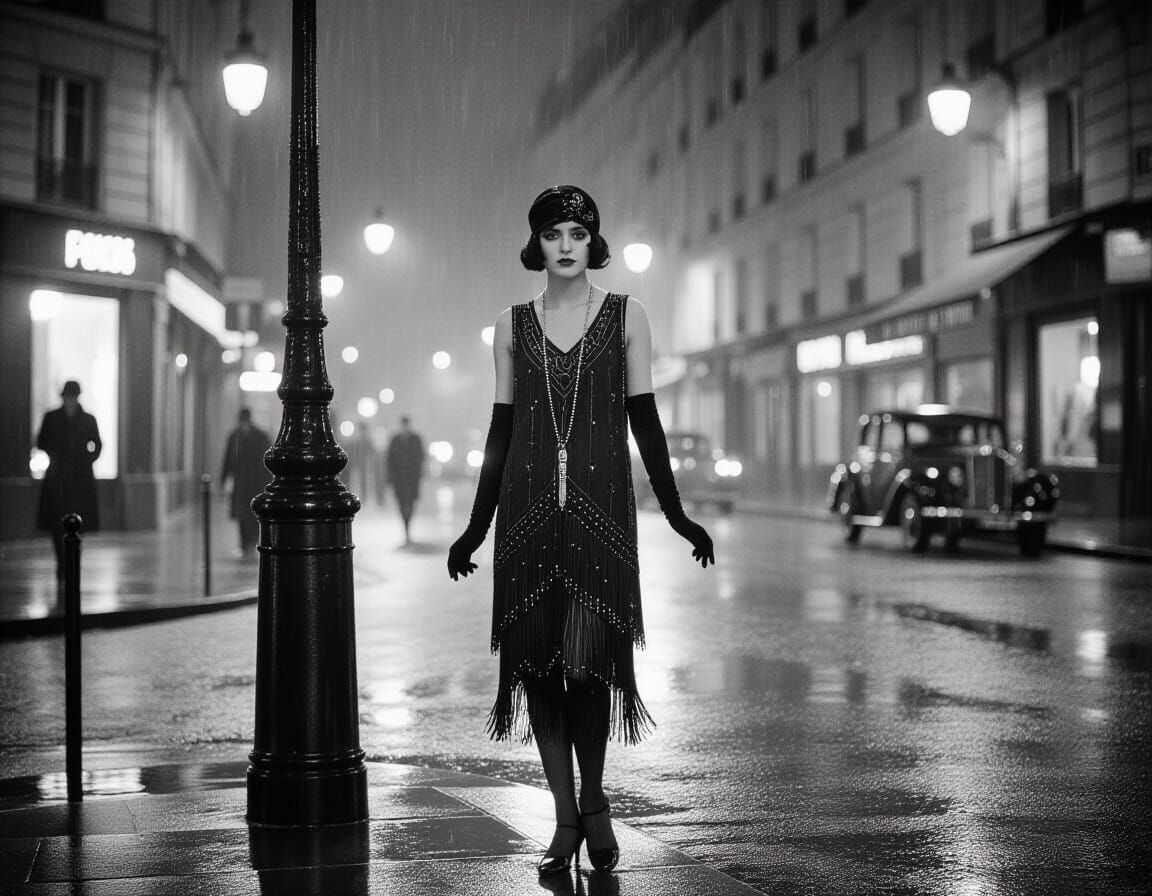 Distressed Flapper Girl in Rainy Paris: Film Noir Photo