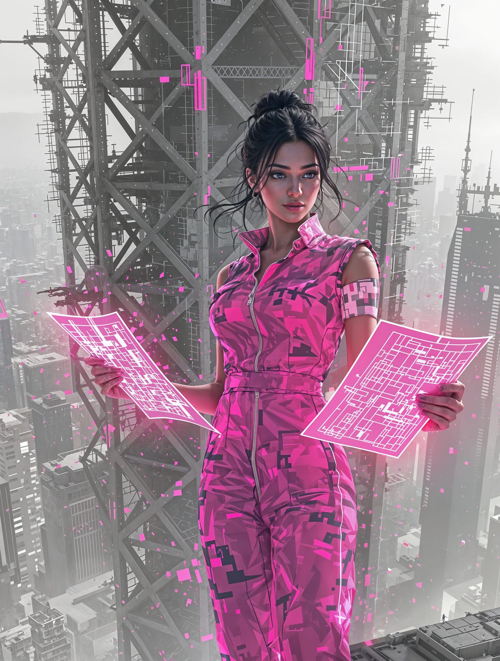 South Asian Architect in Neon-Pink Jumpsuit on Glitching Sky...