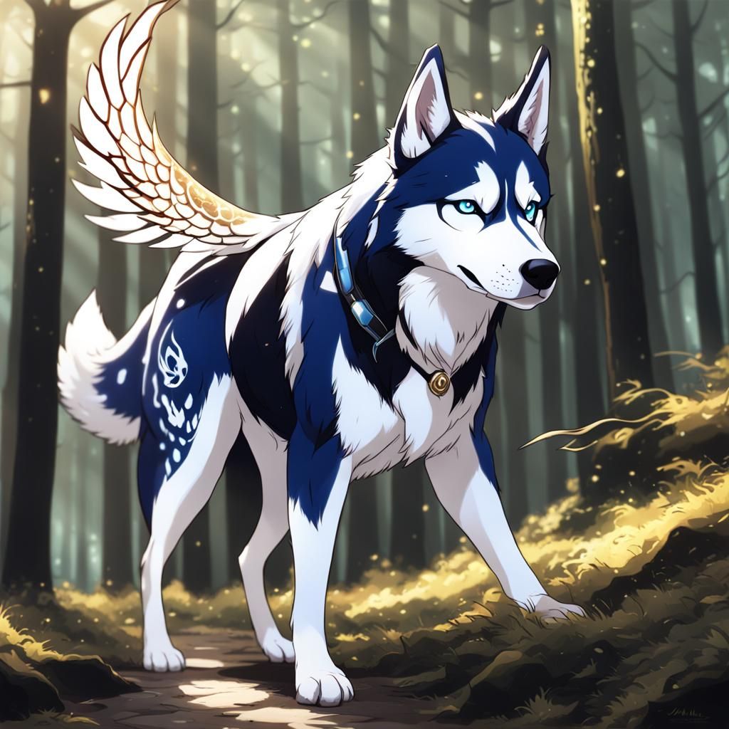 Anime Husky with Dragon Wings and Deer Markings