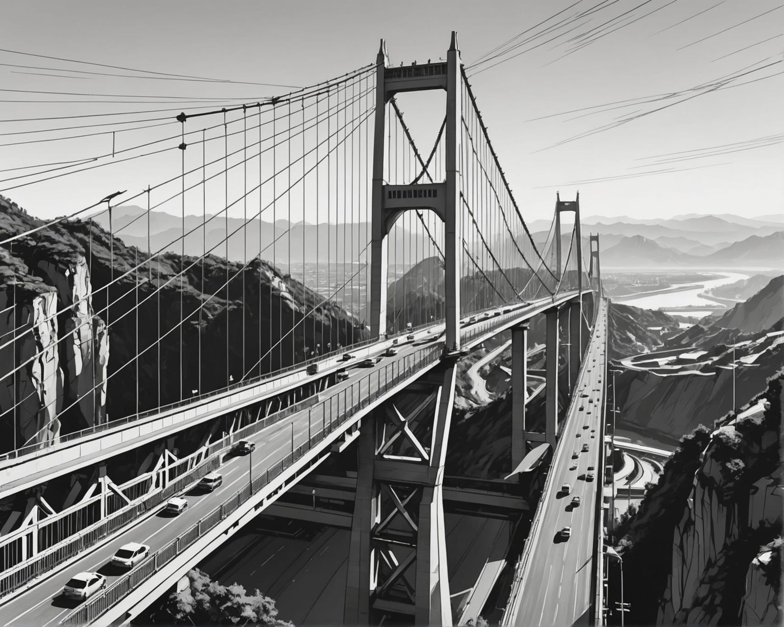 Suspension Bridge on Chinese Highway in Sketch Style