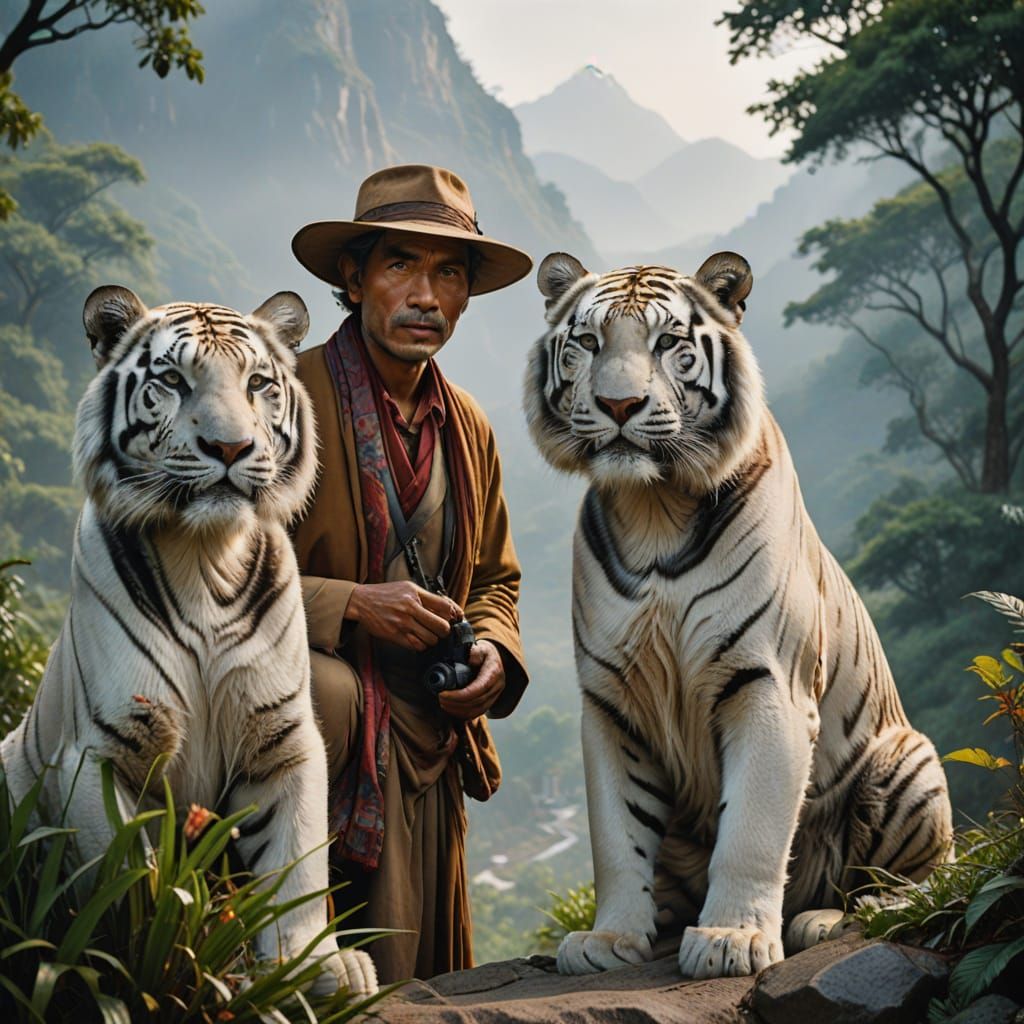 Serene Himalayan Portrait of Man with White Tigers