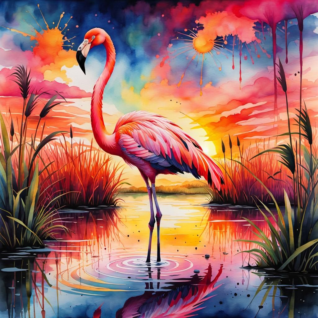 Watercolor Flamingo in Rainbow Sunset Pond