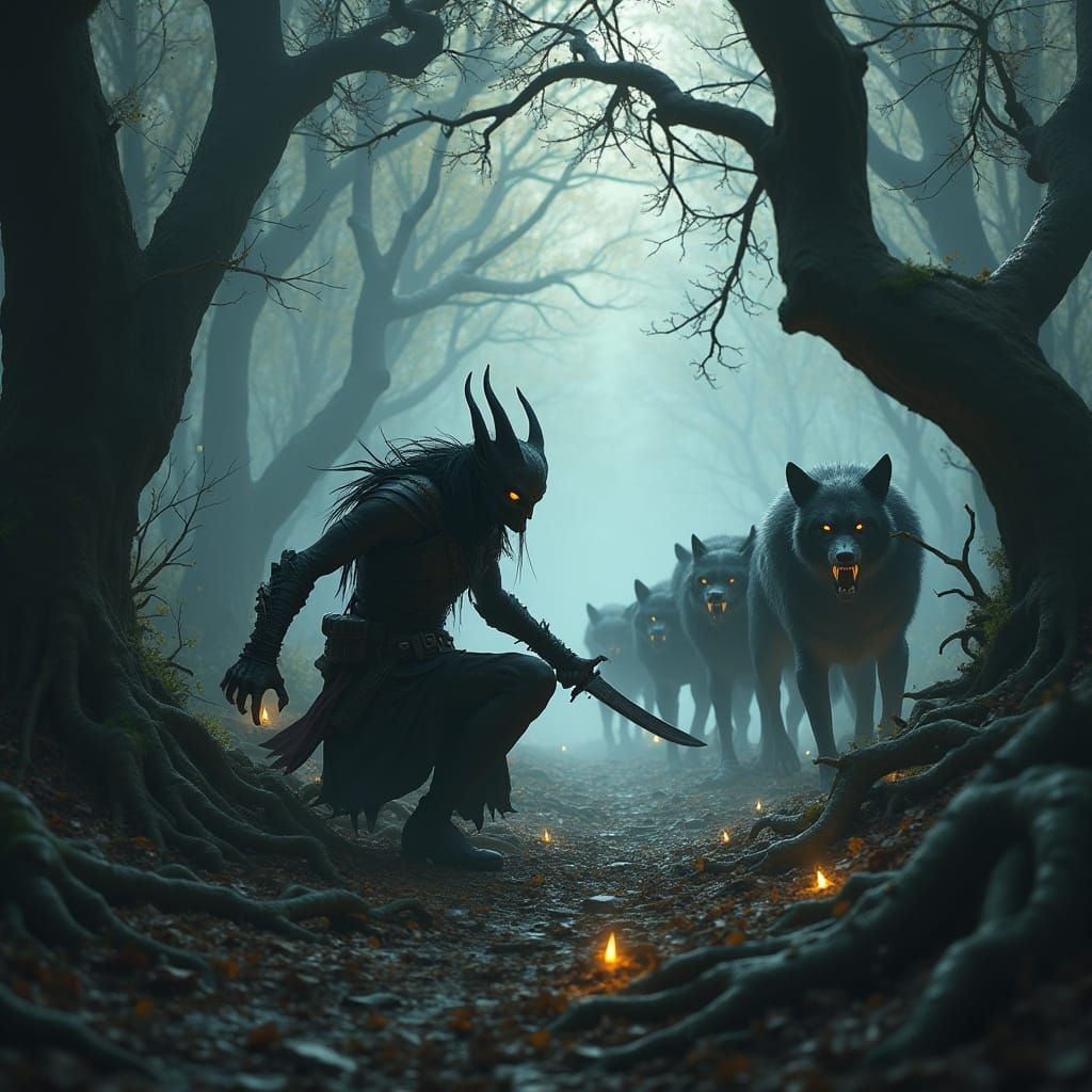 Dark Fantasy Tiefling Rogue in a Haunted Forest