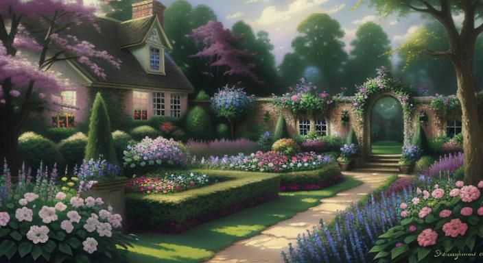 Idyllic 1920s English Garden Painting