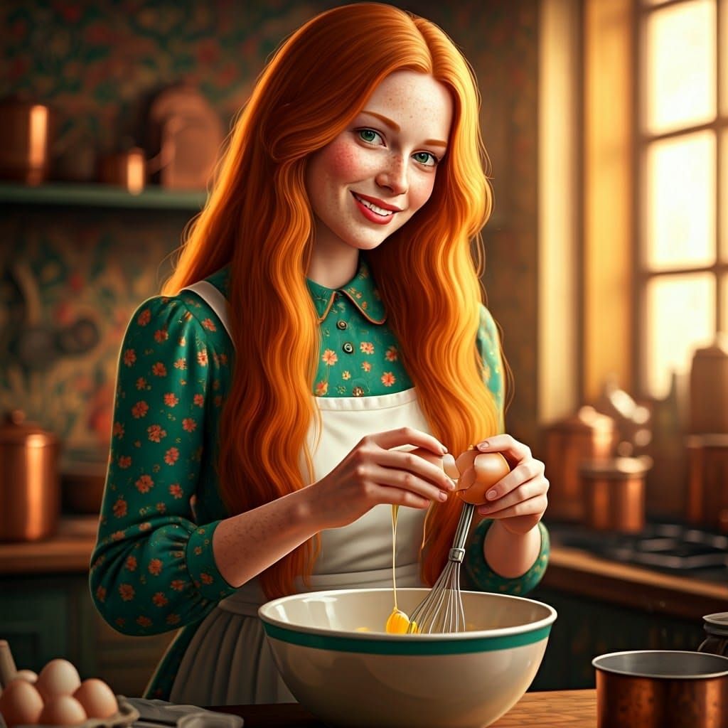 Redhead Tradwife in Retro Kitchen, Hyperrealistic Concept Ar...