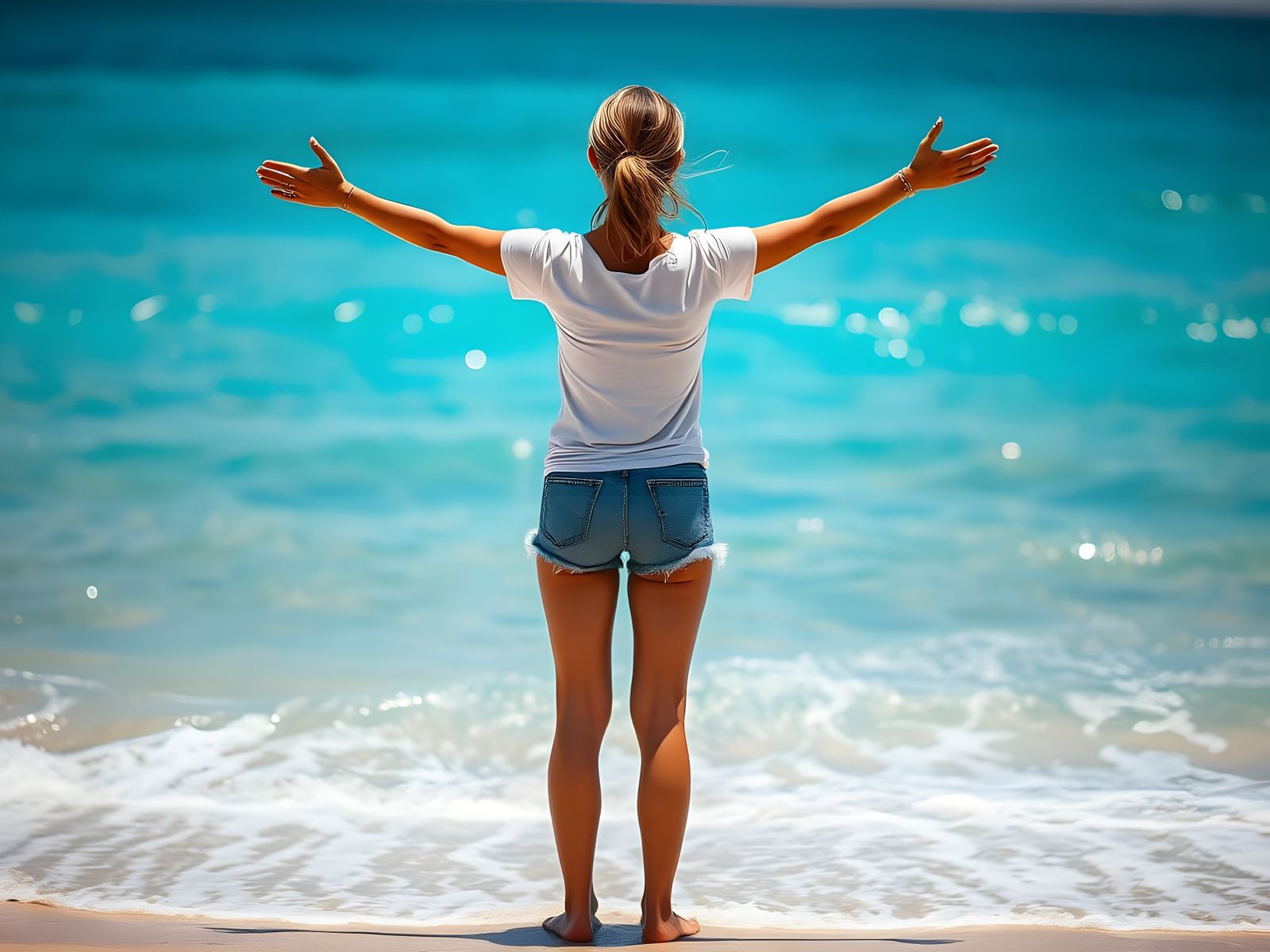 Woman Reaching Towards the Sea, Natural Light Photography