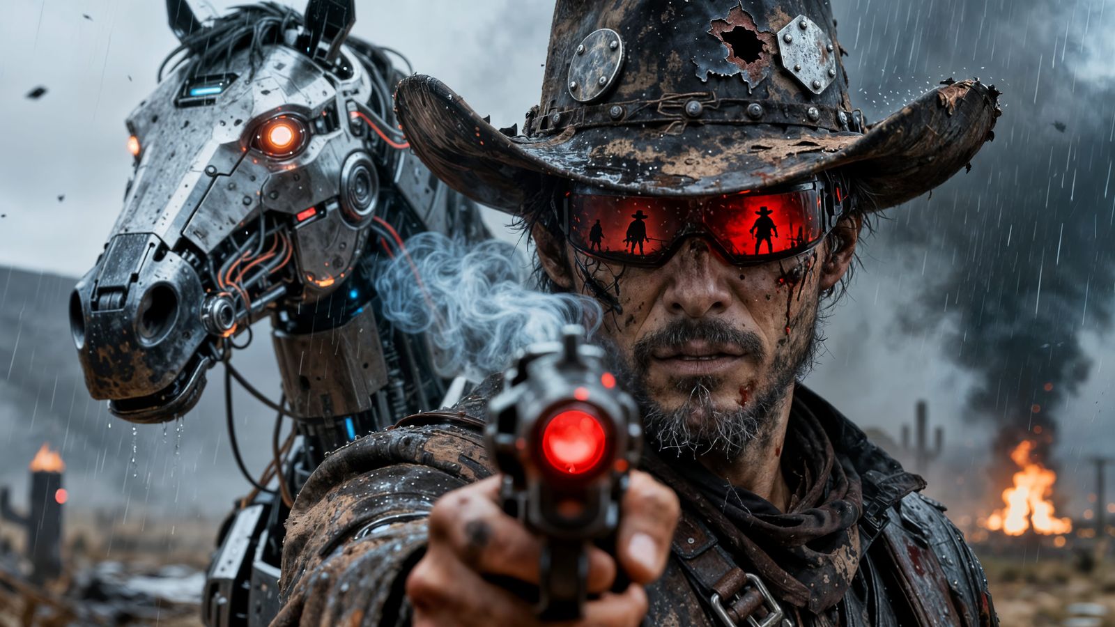 Futuristic Cowboy in Gritty Gunfight, Sci-Fi Western Style