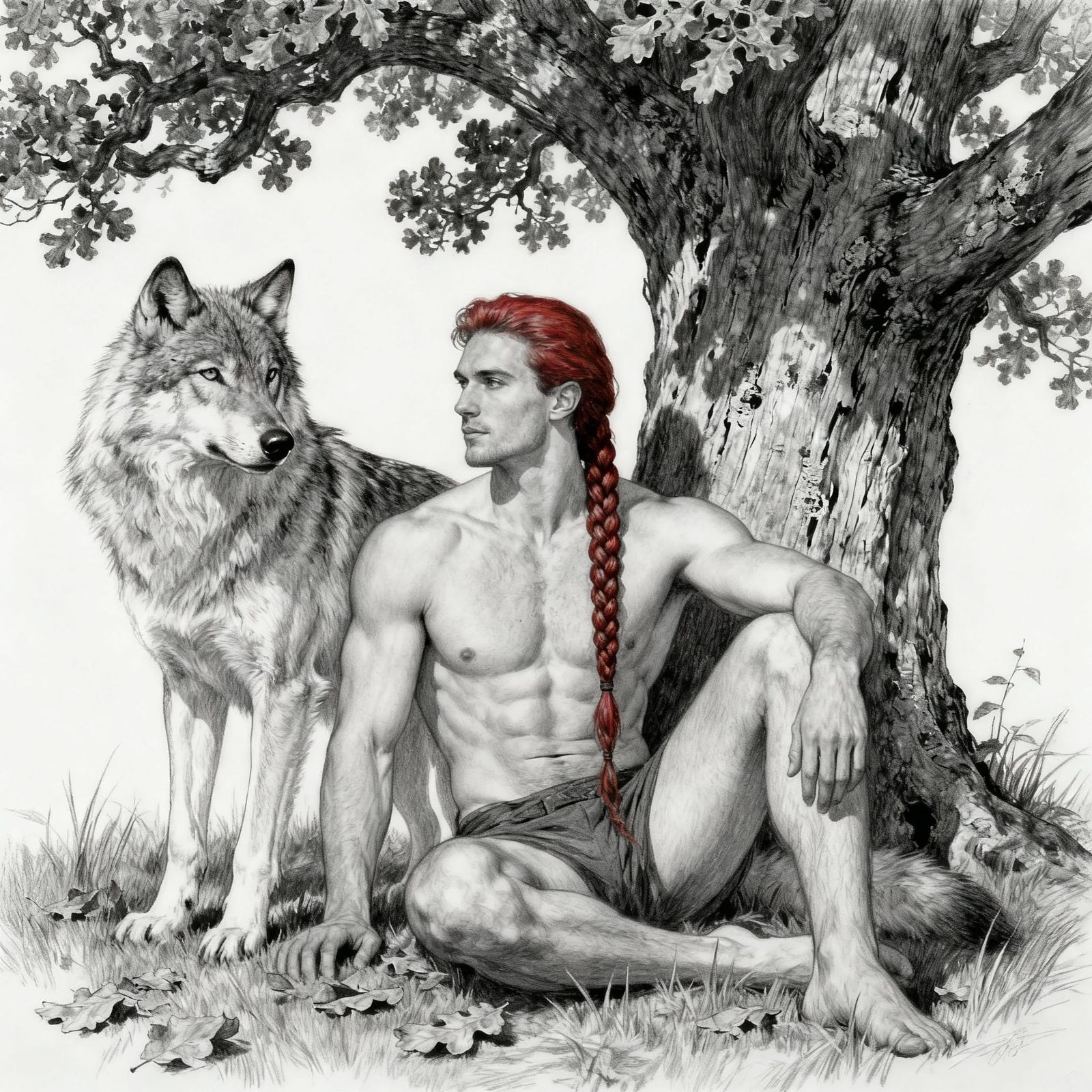Irish Man and Wolf Under Oak Tree Pencil Drawing