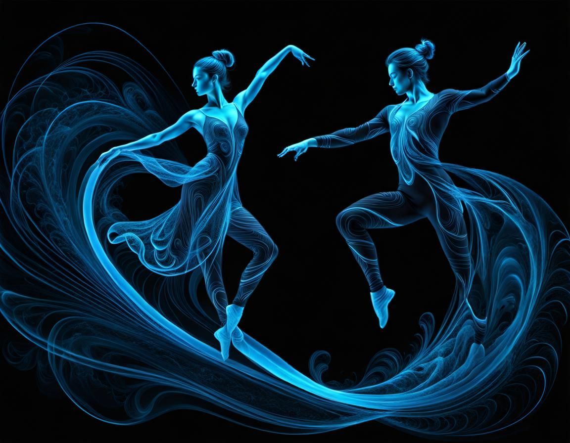 Blue Bioluminescent Ballet Dancers on Black Background