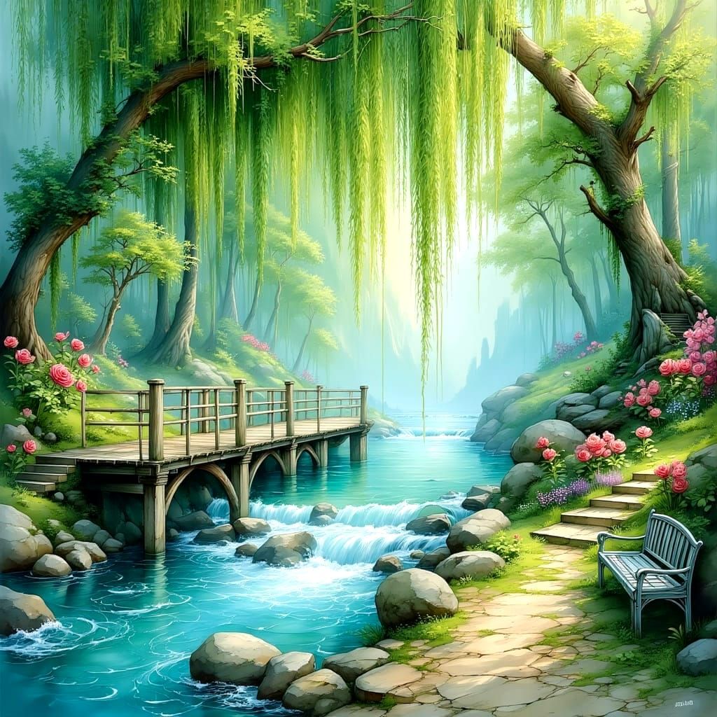 Surreal Landscape with Weeping Willows and Rose Garden in So...