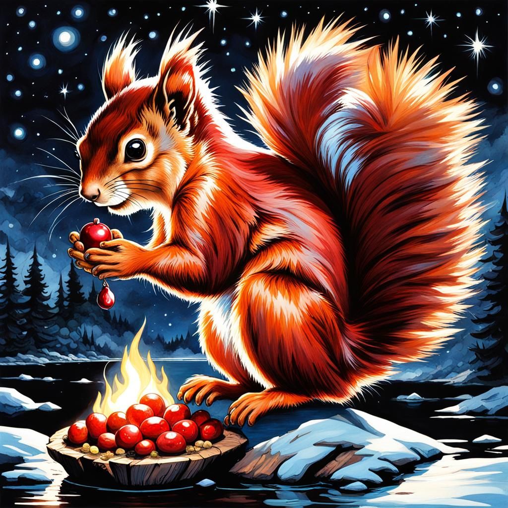 Bioluminescent Squirrel Under Starry Sky, Watercolor Paintin...