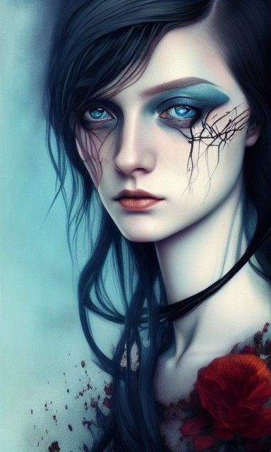 Tragic Portrait of Androgynous Woman in Watercolor Style