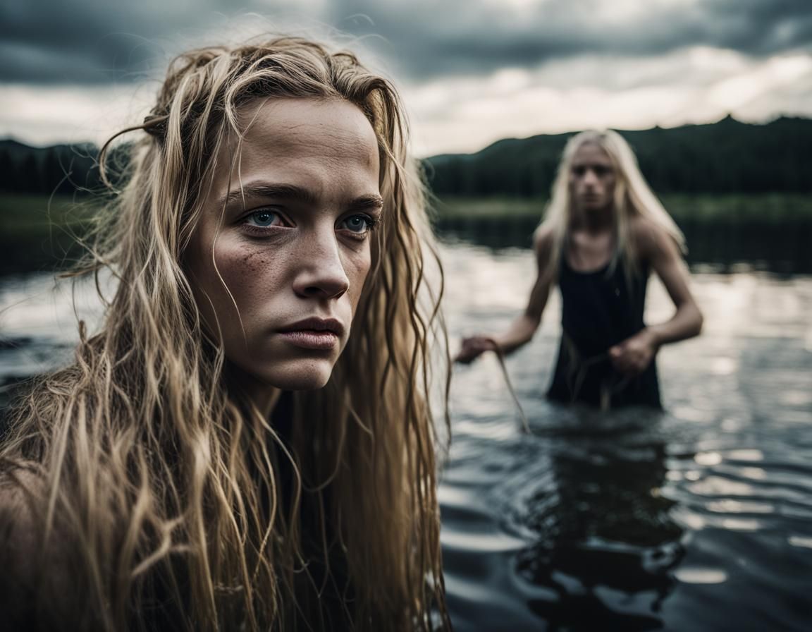 Blonde Woman Washing Hair in Lake: Portrait