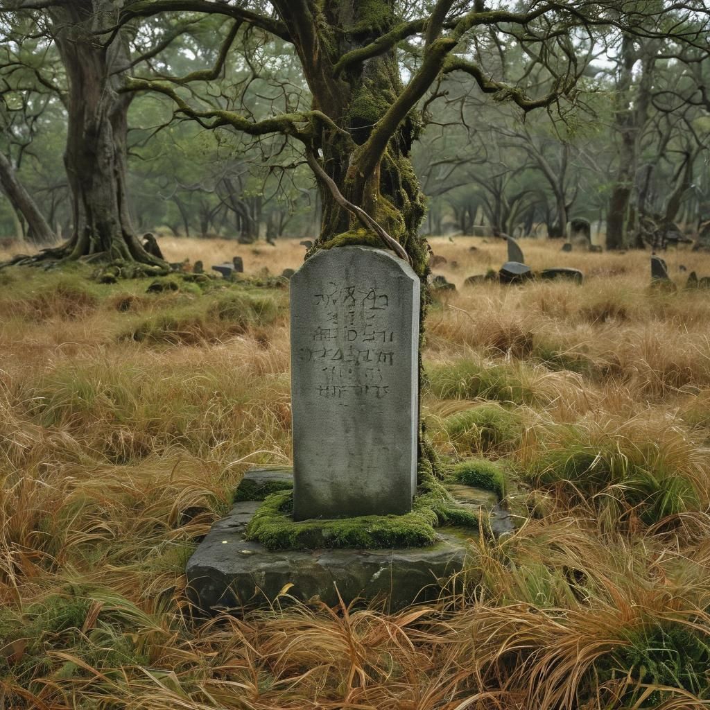 Elvish Gravestone in Golden Field at Sunset