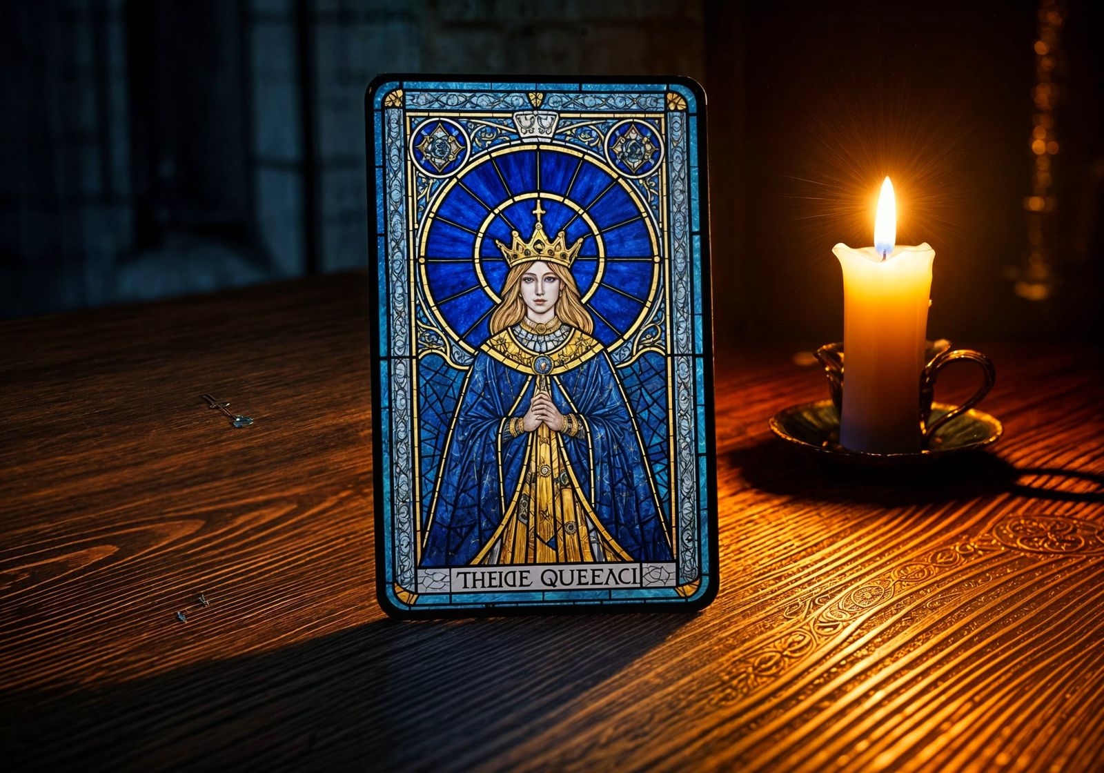 Blue Queen Tarot Card in Stained Glass