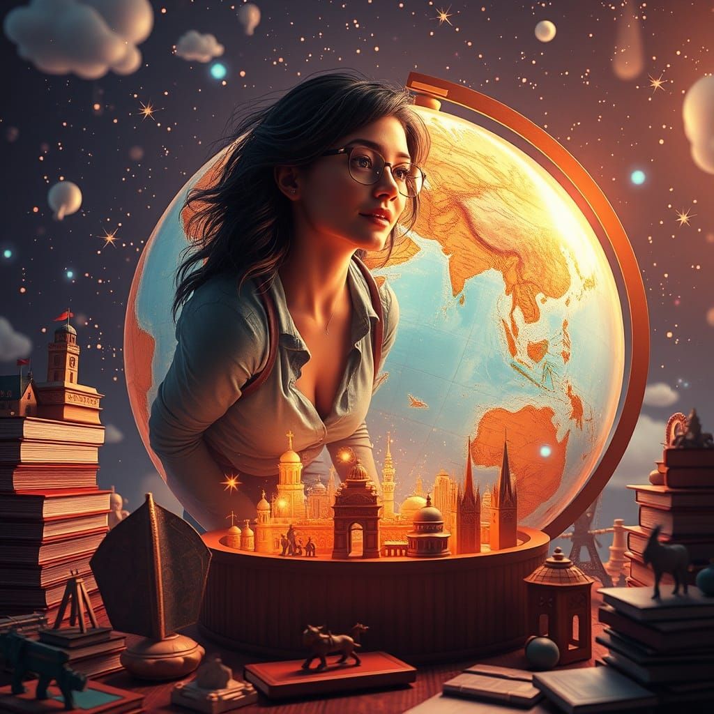 Adventurous Woman Explores Glowing Globe in 3D Digital Art