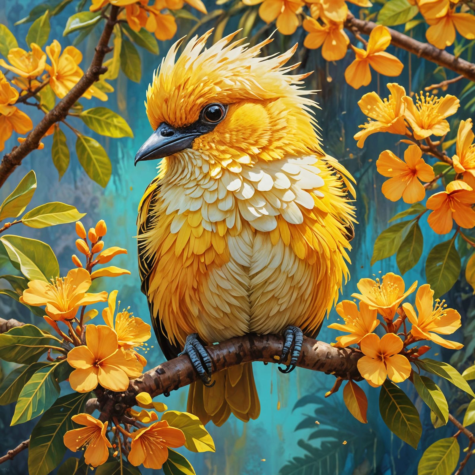Cute Fluffy Yellow Bird in Shower Tree