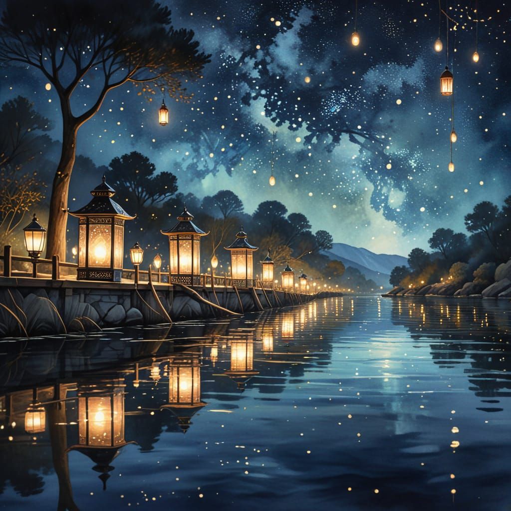 Starry River with Floating Lanterns in Watercolor Style