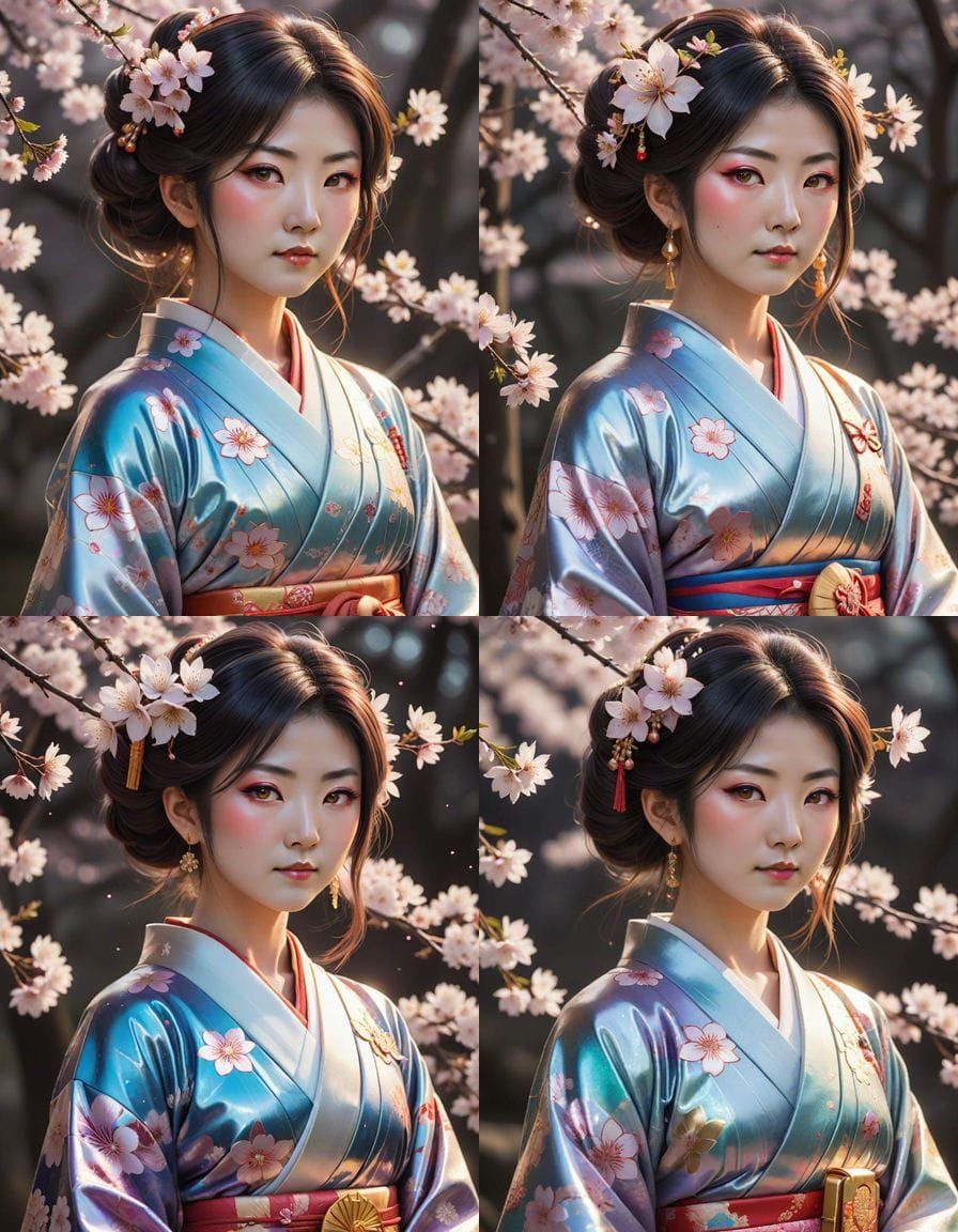 Amaterasu Goddess in Iridescent Kimono Amid Cherry Blossoms