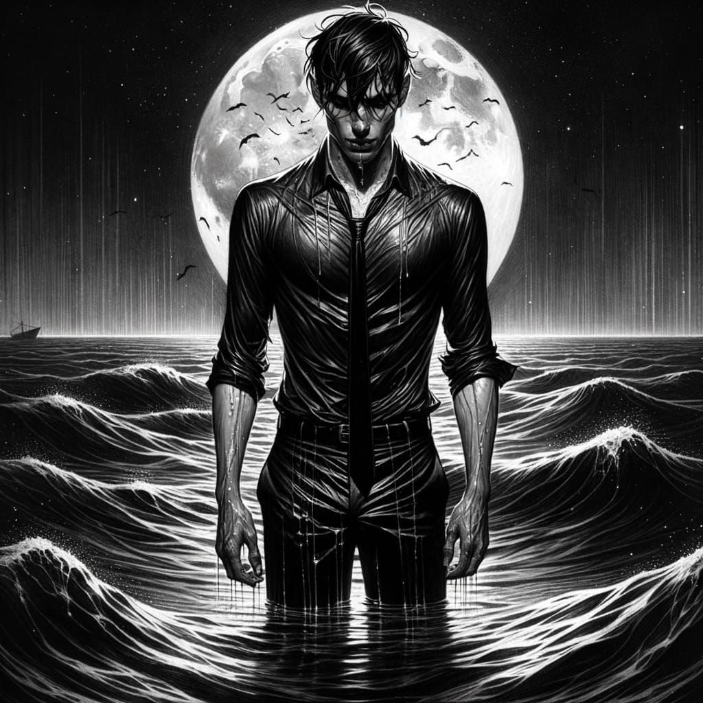 Figure in Moonlit Water Amidst Ominous Scene
