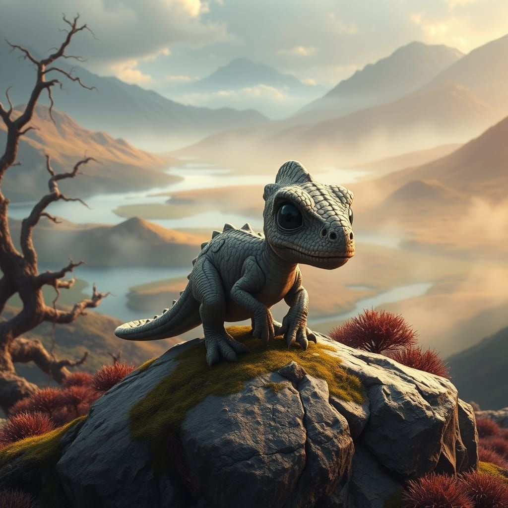 Hyperrealistic Dinosaur in Scottish Highlands Landscape