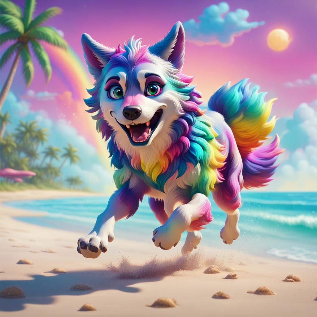 whimsical wolf on beach