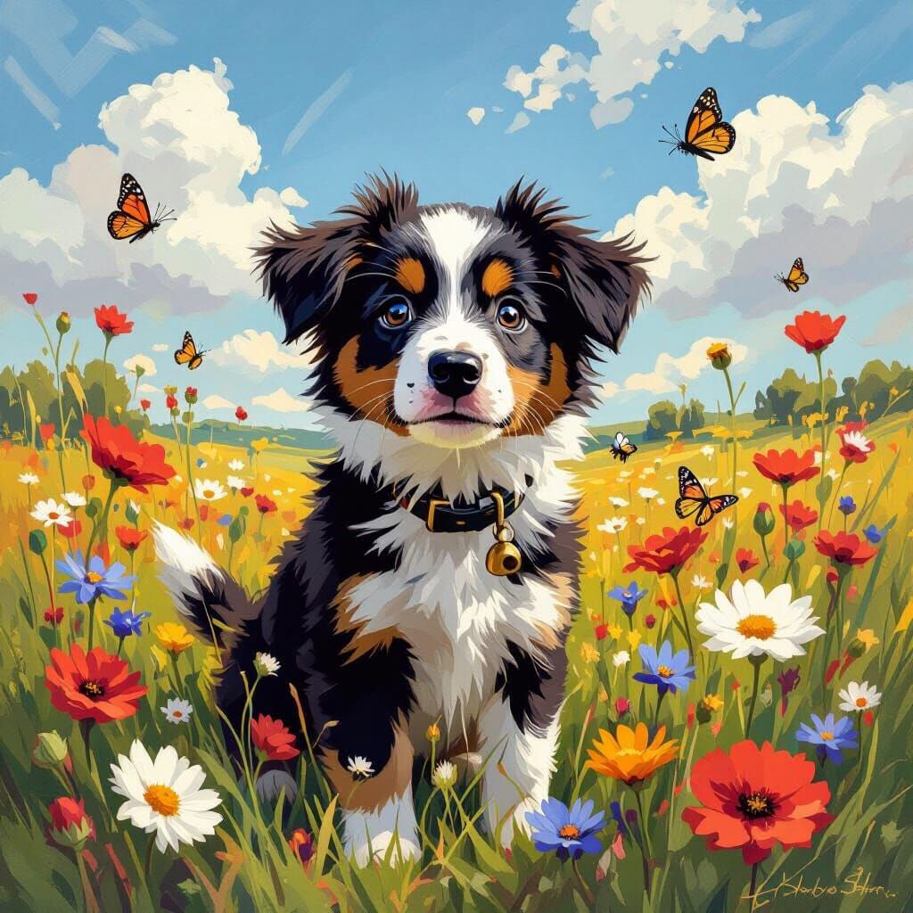 Border Collie Puppy in Field, Impressionistic Painting