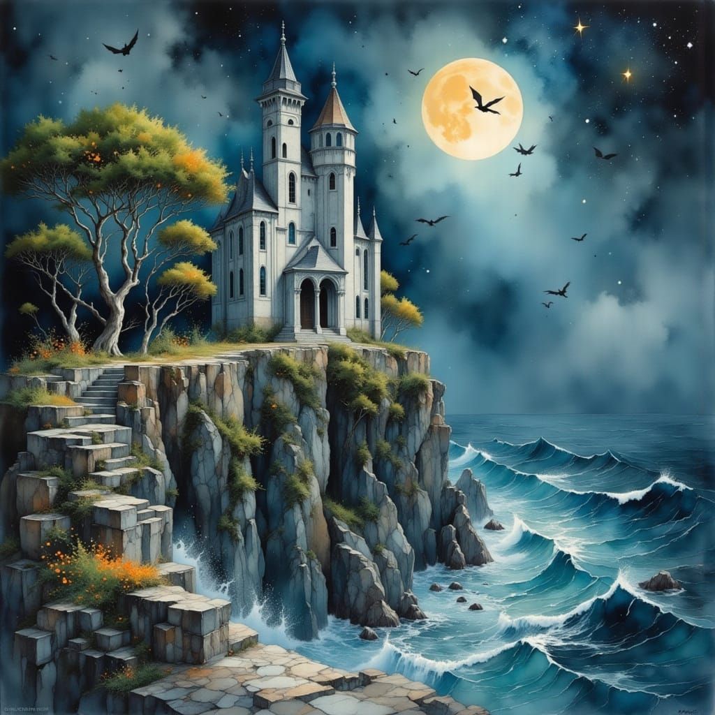 Tim Burton Baroque Castle with Bioluminescent Bats