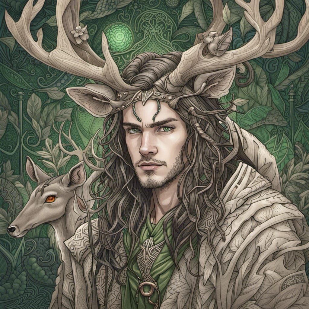 Hyperrealistic Druid with Deer Accents in Moody Setting