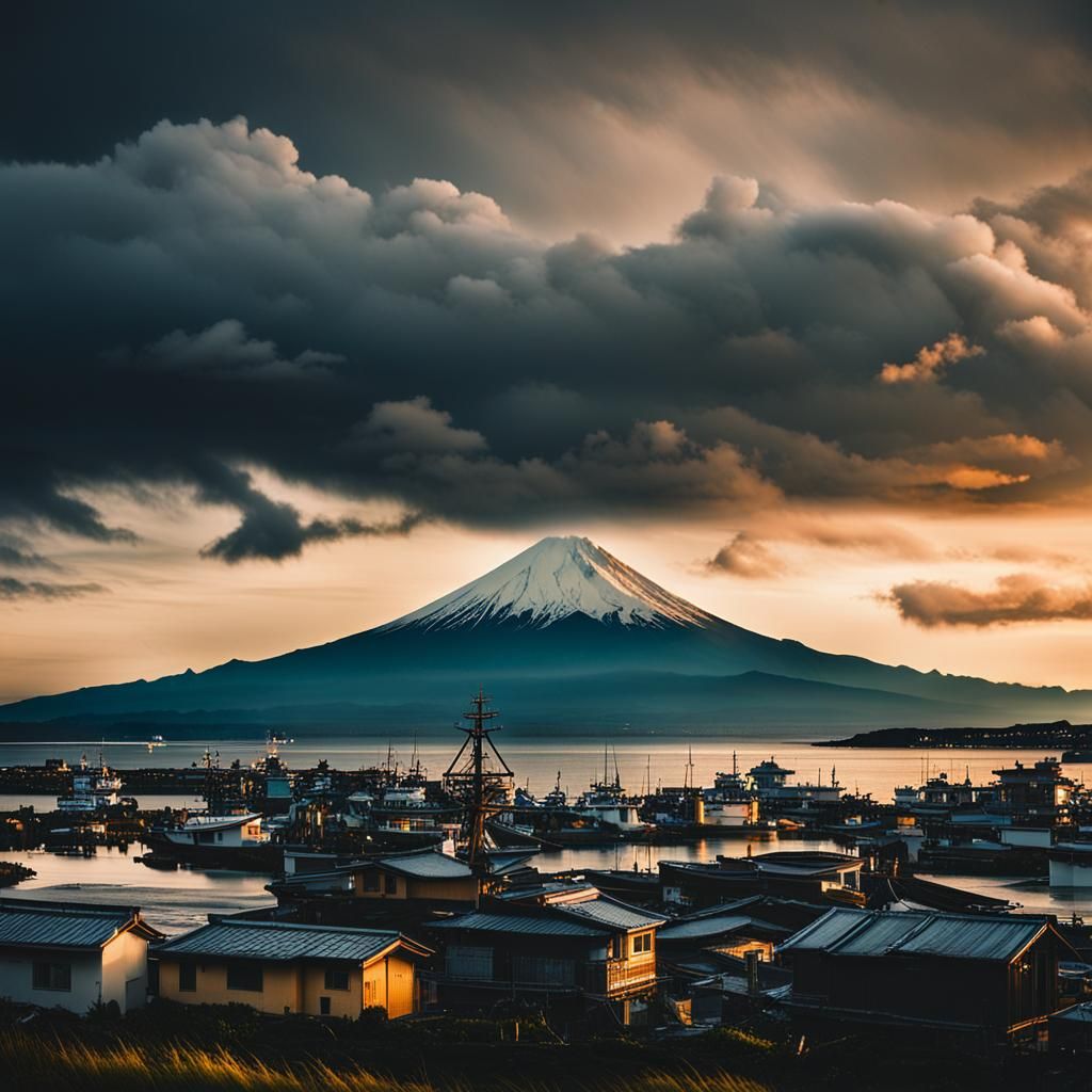 Epic Japanese Oceanside Village at Golden Sunset with Stormy...