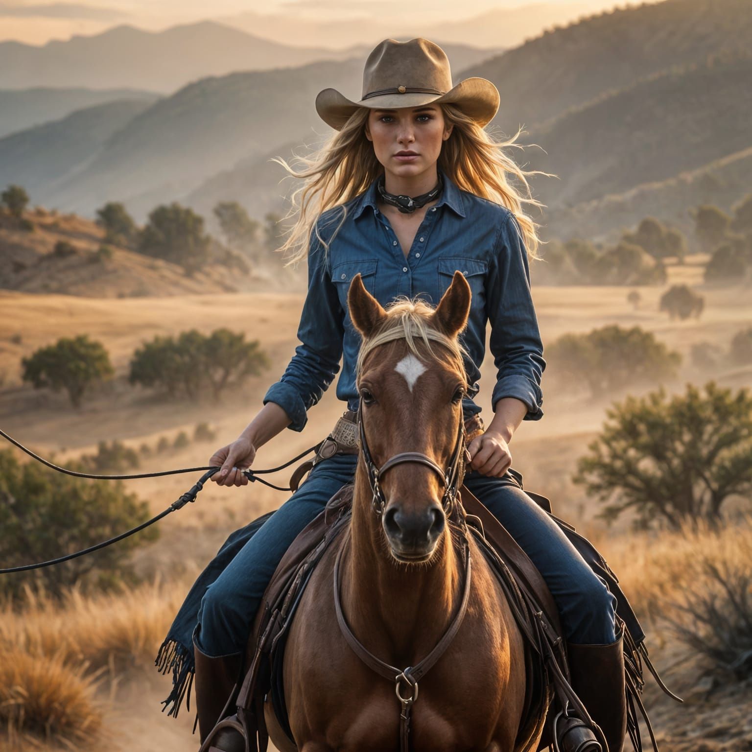 Dramatic Western Oil Painting of a Blonde Cowgirl on Horseba...