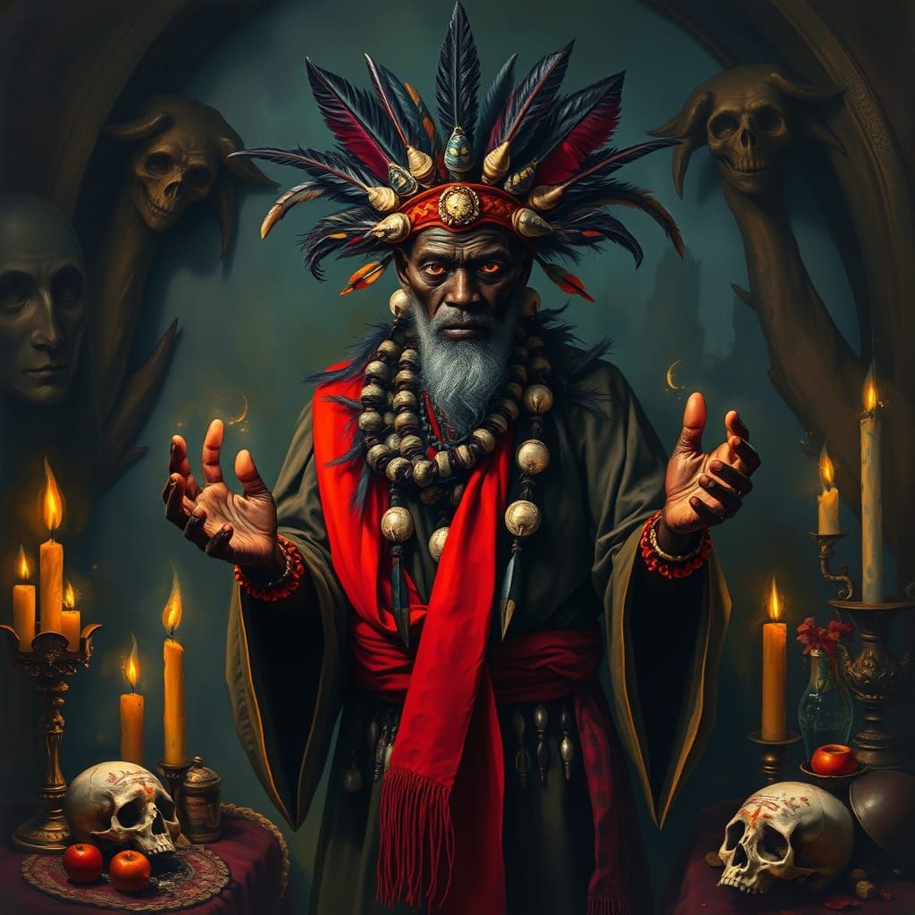 Voodoo Sorcerer in Haitian Ritualistic Attire